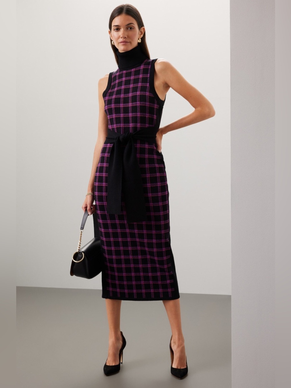Toccin Plaid Knit Midi Dress Turtleneck Sleeveless Sweater Belted Wrap Stretch